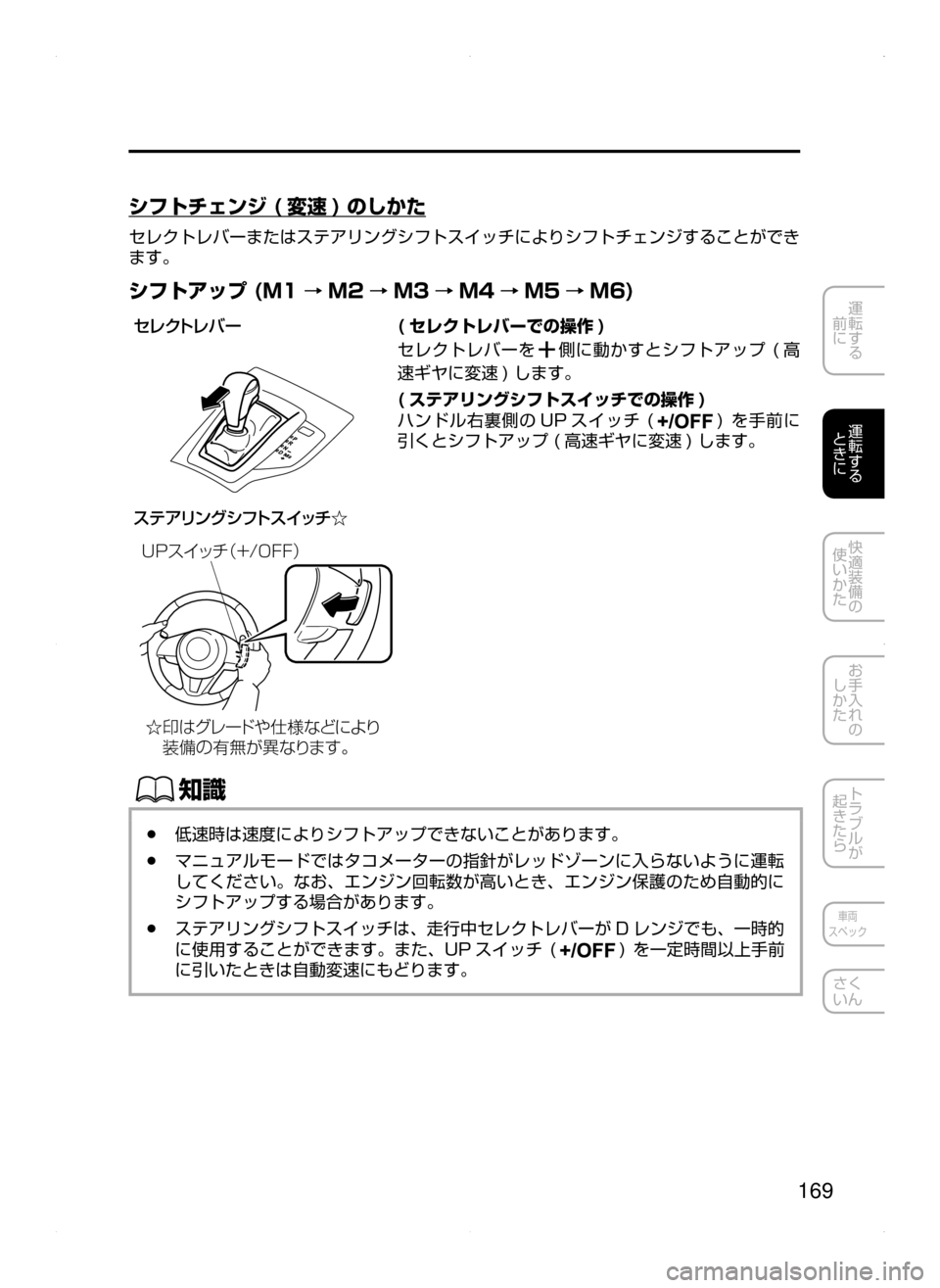 MAZDA MODEL AXELA 2016  アクセラ｜取扱説明書 (in Japanese) 169
運転する
﻿﻿
前に
運転する
﻿﻿
ときに
快適装備の
使いかた
お手入れの
しかた
トラブルが
起きたら
車両
スペック
さく
いん
シフトチェンジ