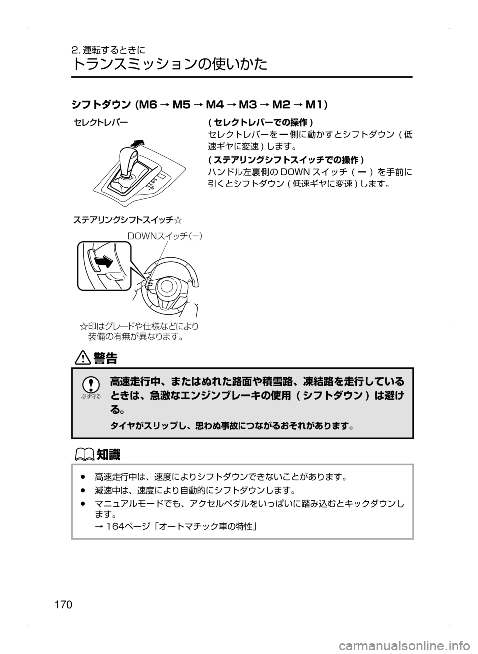 MAZDA MODEL AXELA 2016  アクセラ｜取扱説明書 (in Japanese) 170
2. 運転するときに
トランスミッションの使いかた
シフトダウン (M6 → M5 → M4 → M3 → M2 → M1)
·è«ÄèÌ ”
µÂ
žæ ï¬ ³ÑÄµ  ¿½