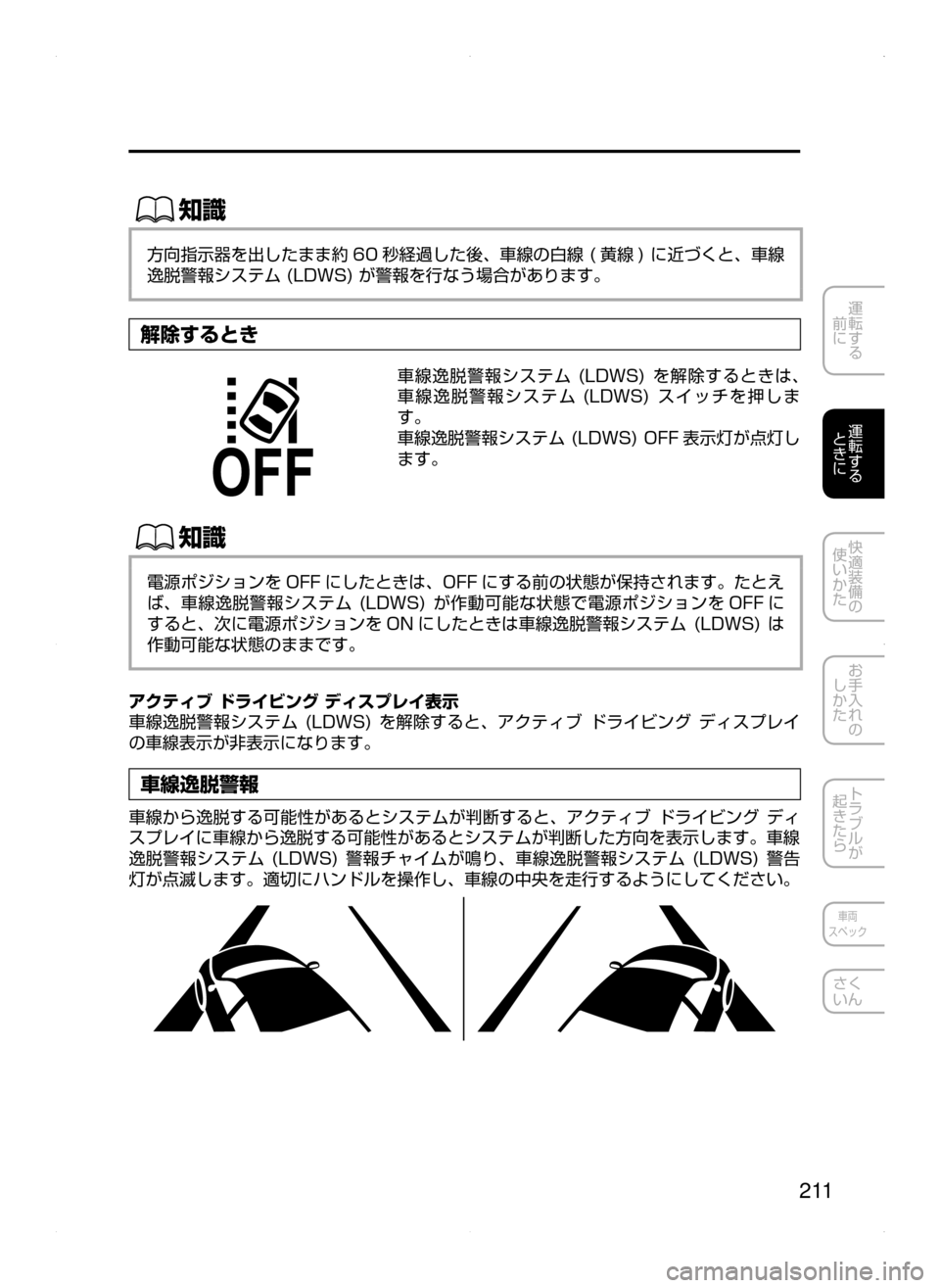MAZDA MODEL AXELA 2016  アクセラ｜取扱説明書 (in Japanese) 2 11
運転する
﻿﻿
前に
運転する
﻿﻿
ときに
快適装備の
使いかた
お手入れの
しかた
トラブルが
起きたら
車両
スペック
さく
いん
ŒÝ
方向指示