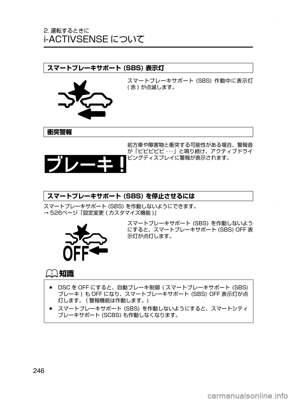 MAZDA MODEL AXELA 2016  アクセラ｜取扱説明書 (in Japanese) 246
2. 運転するときに
i-ACTIVSENSE について
スマートブレーキサポート (SBS) 表示灯
スマートブレーキサポート﻿﻿(SBS)﻿﻿作動中に表示灯﻿﻿
( 赤 )