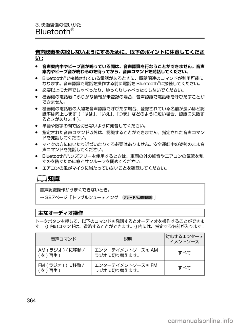 MAZDA MODEL AXELA 2016  アクセラ｜取扱説明書 (in Japanese) 364
3. 快適装備の使いかた
Bluetooth®
音声認識を失敗しないようにするために､ 以下のポイントに注意してくださ
い:
 ●音声案内中やビープ音が鳴