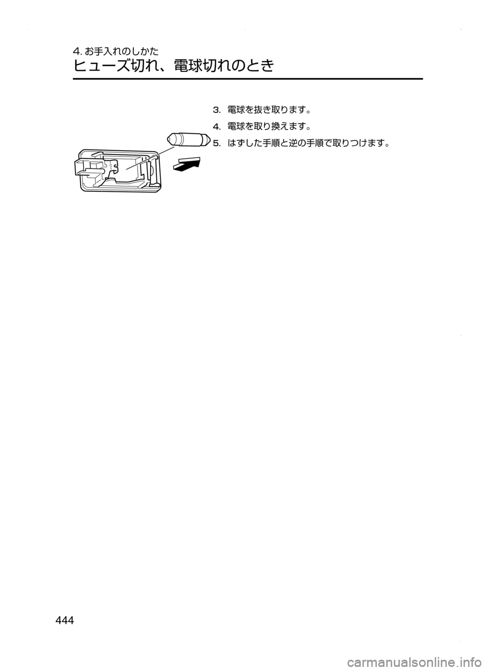 MAZDA MODEL AXELA 2016  アクセラ｜取扱説明書 (in Japanese) 444
4. お手入れのしかた
ヒューズ切れ､ 電球切れのとき
3.	電球を抜き取ります。
4.	電球を取り換えます。
5.	はずした手順と逆の手順で取りつけま