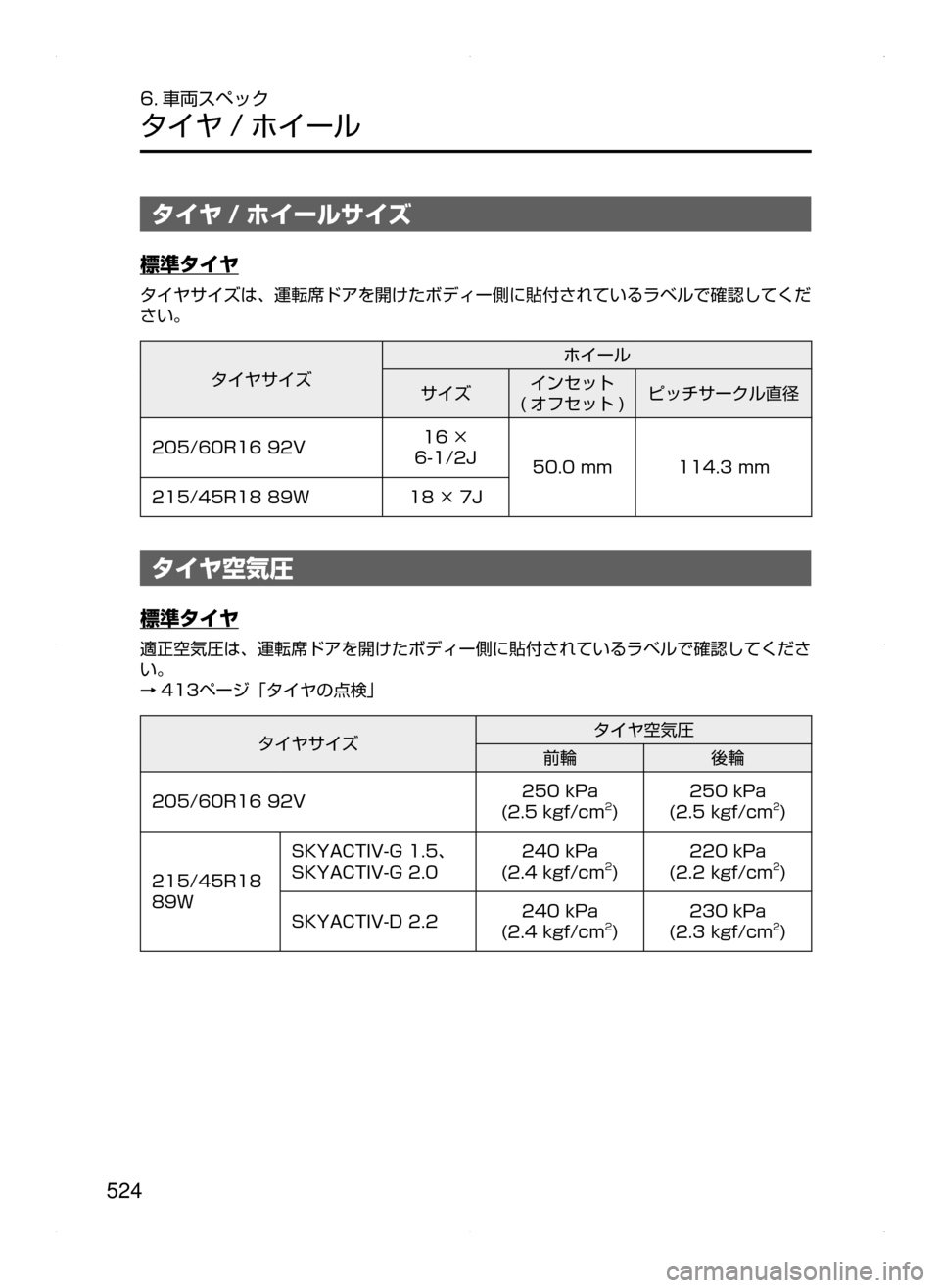 MAZDA MODEL AXELA 2016  アクセラ｜取扱説明書 (in Japanese) 524
6. 車両スペック
タイヤ / ホイール
タイヤ / ホイールサイズ
標準タイヤ
タイヤサイズは､ 運転席ドアを開けたボディー側に貼付されているラベ