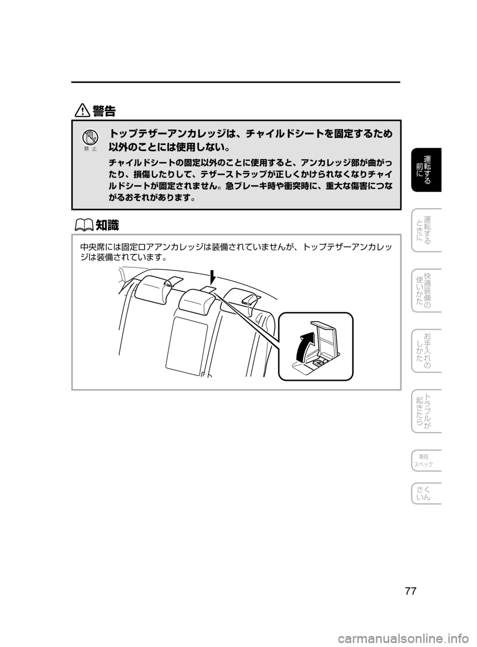 MAZDA MODEL AXELA HYBRID 2016  アクセラハイブリッド｜取扱説明書 (in Japanese) 77
運転する
﻿﻿
前に
運転する
﻿﻿
ときに
快適装備の
使いかた
お手入れの
しかた
トラブルが
起きたら
車両
スペック
さく
いん
/
Ð��­
トッ