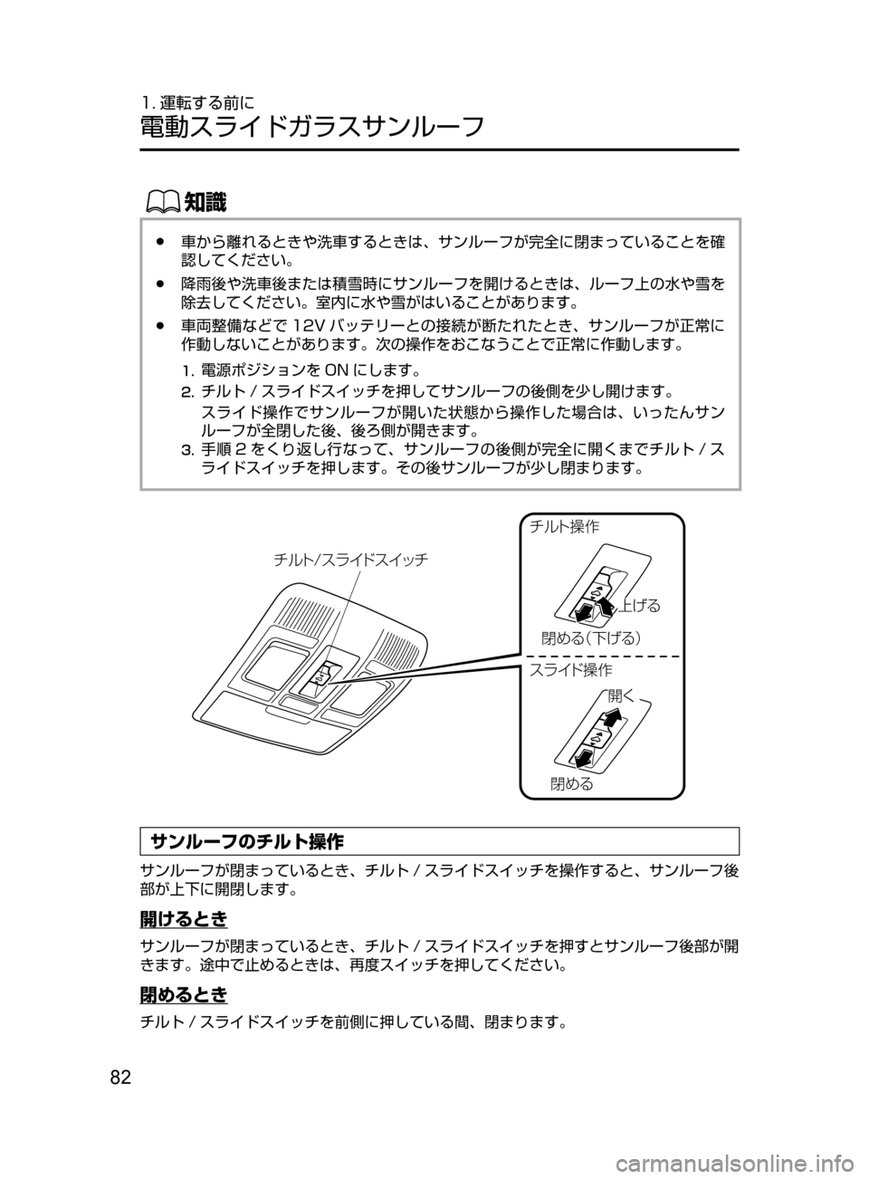 MAZDA MODEL AXELA HYBRID 2016  アクセラハイブリッド｜取扱説明書 (in Japanese) 82
1. 運転する前に
電動スライドガラスサンルーフ
ŒÝ
﻿﻿●車から離れるときや洗車するときは､ サンルーフが完全に閉まっていることを確
認し