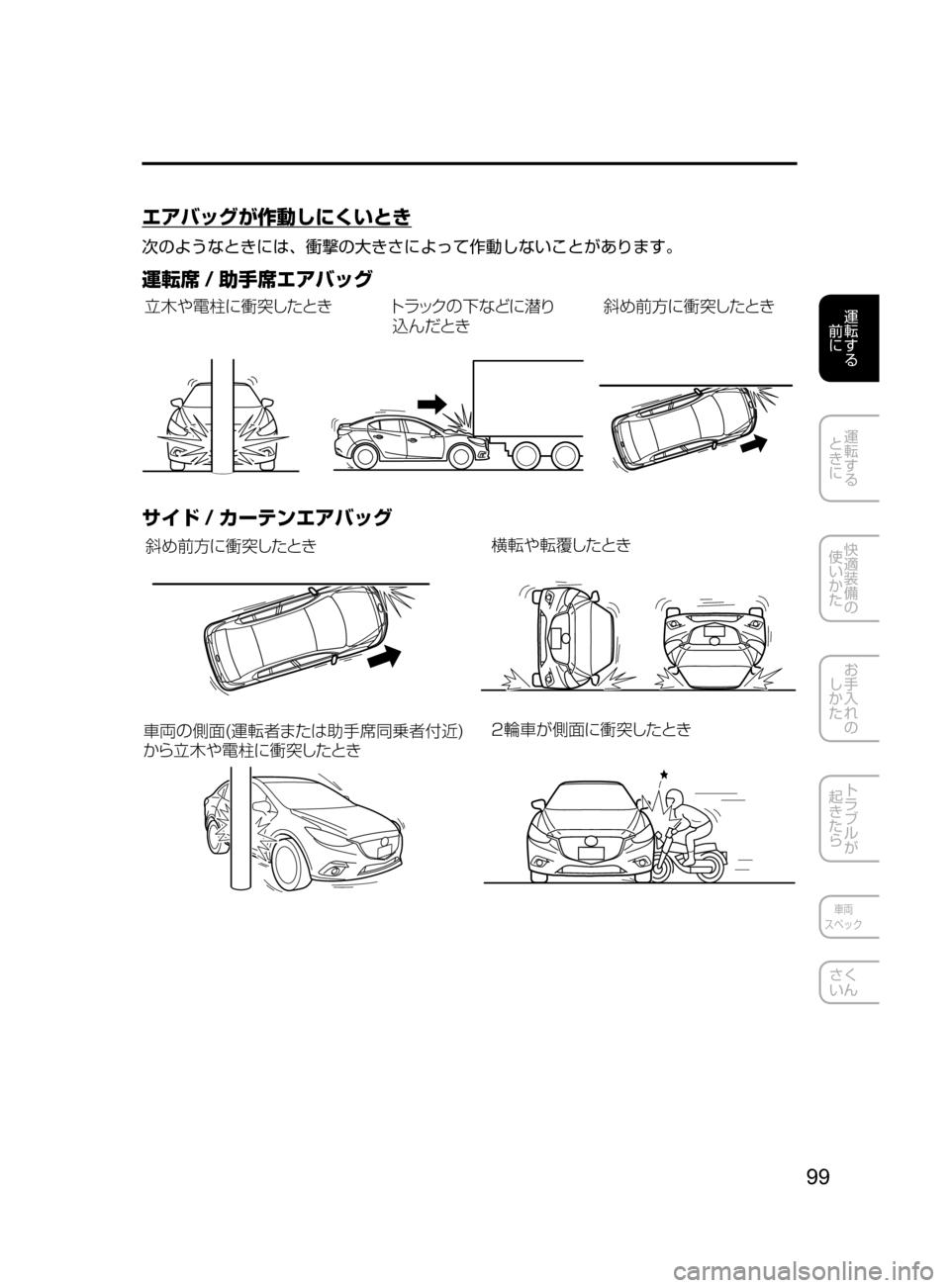 MAZDA MODEL AXELA HYBRID 2016  アクセラハイブリッド｜取扱説明書 (in Japanese) 99
運転する
﻿﻿
前に
運転する
﻿﻿
ときに
快適装備の
使いかた
お手入れの
しかた
トラブルが
起きたら
車両
スペック
さく
いん
エアバッグが作