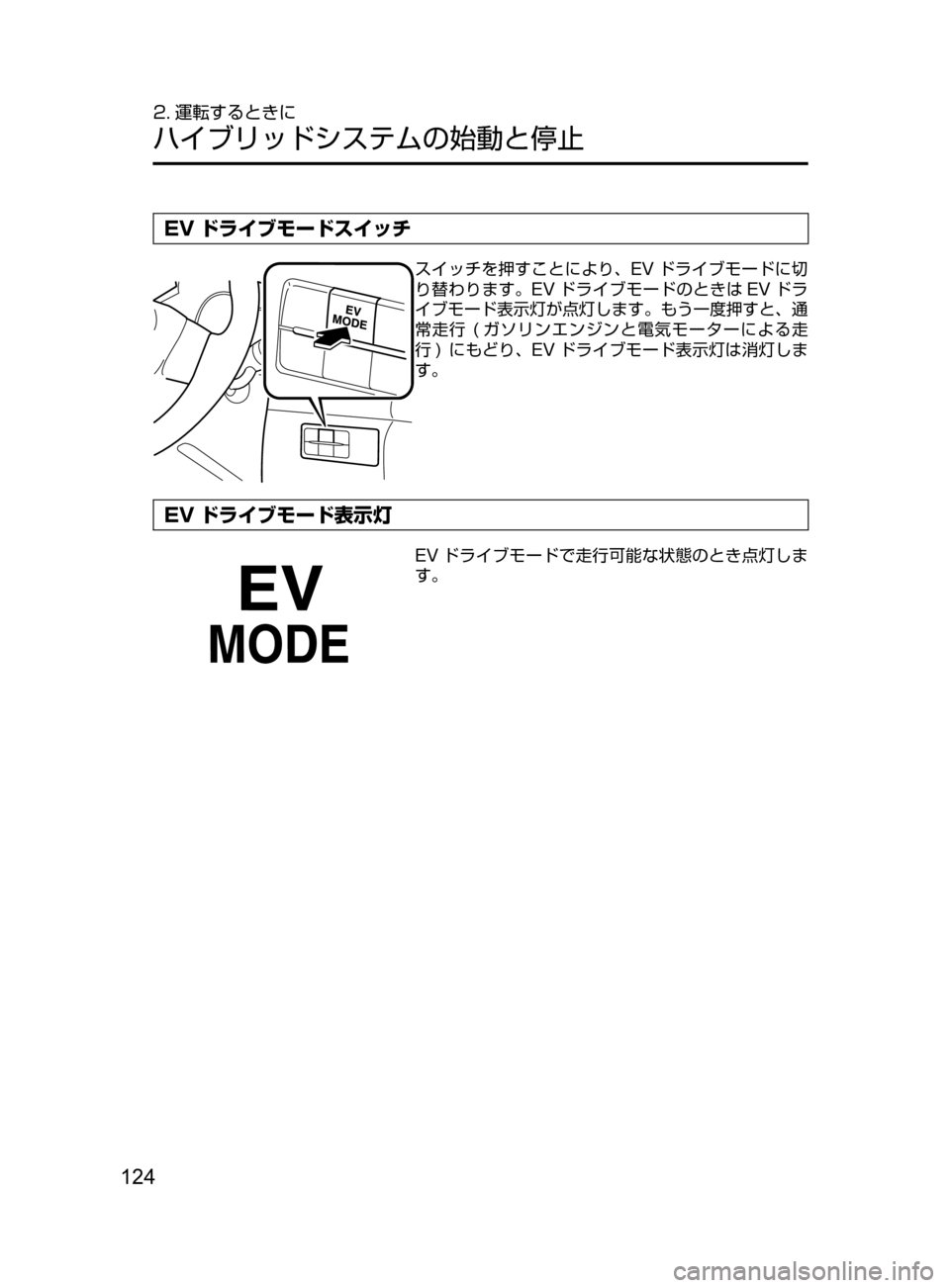 MAZDA MODEL AXELA HYBRID 2016  アクセラハイブリッド｜取扱説明書 (in Japanese) 124
2. 運転するときに
ハイブリッドシステムの始動と停止
EV ドライブモードスイッチ
スイッチを押すことにより､ EV ドライブモードに切
り替わり