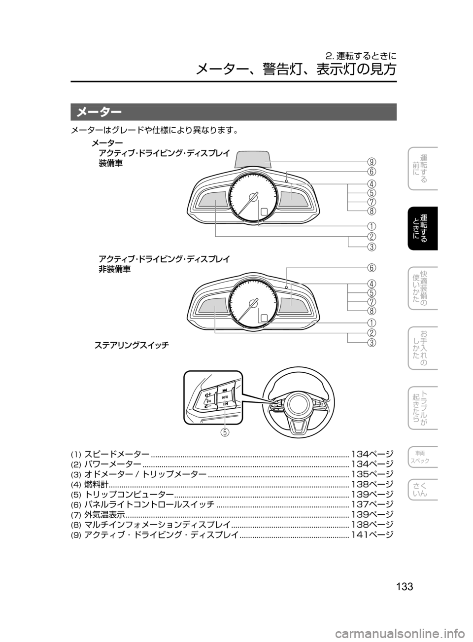 MAZDA MODEL AXELA HYBRID 2016  アクセラハイブリッド｜取扱説明書 (in Japanese) 133
運転する
﻿﻿
前に
運転する
﻿﻿
ときに
快適装備の
使いかた
お手入れの
しかた
トラブルが
起きたら
車両
スペック
さく
いん
2. 運転するとき