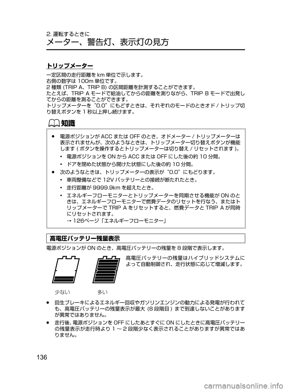 MAZDA MODEL AXELA HYBRID 2016  アクセラハイブリッド｜取扱説明書 (in Japanese) 136
2. 運転するときに
メーター､ 警告灯､ 表示灯の見方
トリップメーター
一定区間の走行距離を km 単位で示します。
右側の数字は 100m 単位です。