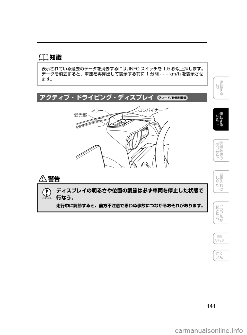 MAZDA MODEL AXELA HYBRID 2016  アクセラハイブリッド｜取扱説明書 (in Japanese) 141
運転する
﻿﻿
前に
運転する
﻿﻿
ときに
快適装備の
使いかた
お手入れの
しかた
トラブルが
起きたら
車両
スペック
さく
いん
ŒÝ
表示され