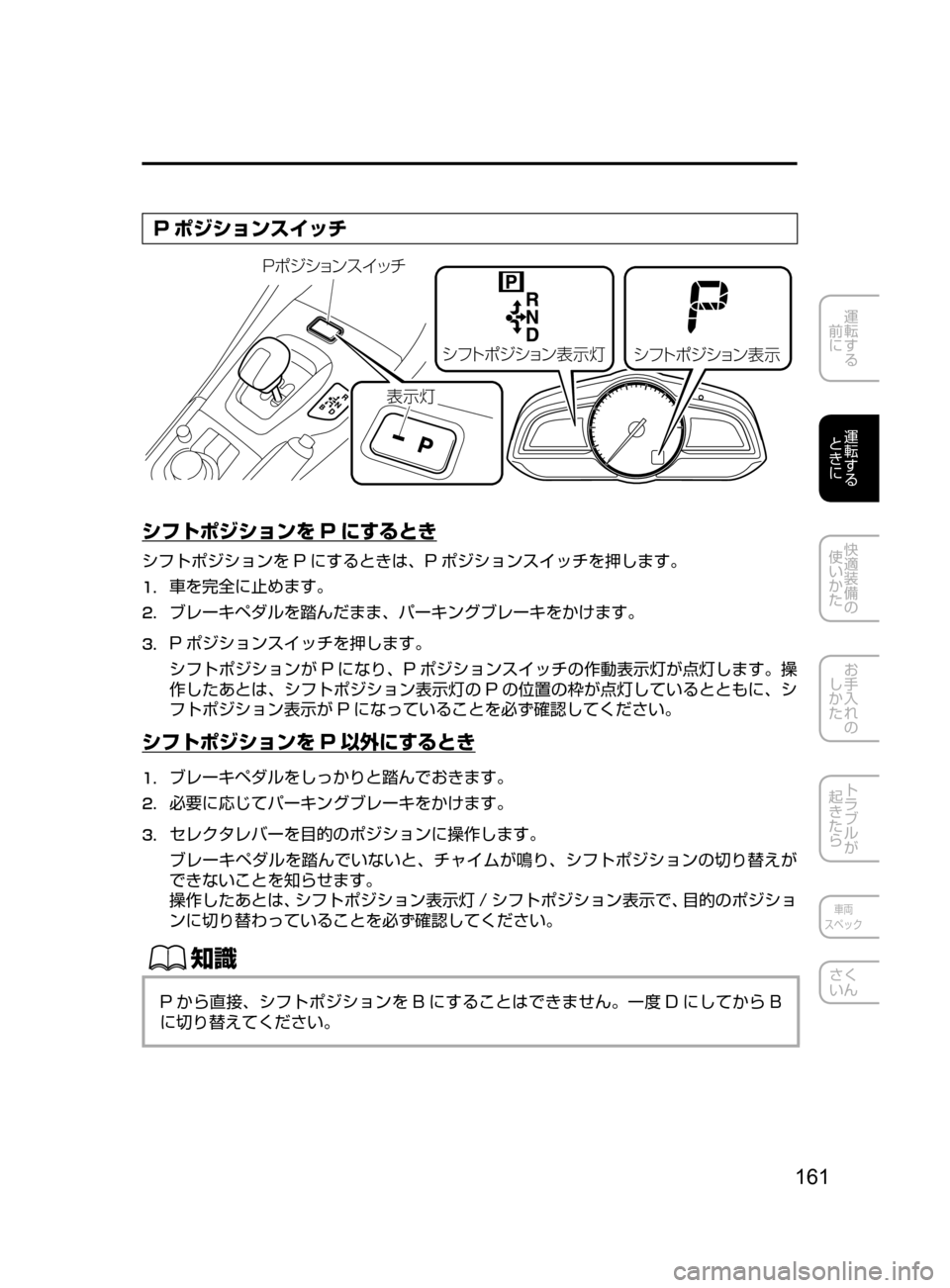 MAZDA MODEL AXELA HYBRID 2016  アクセラハイブリッド｜取扱説明書 (in Japanese) 161
運転する
﻿﻿
前に
運転する
﻿﻿
ときに
快適装備の
使いかた
お手入れの
しかた
トラブルが
起きたら
車両
スペック
さく
いん
P ポジションス