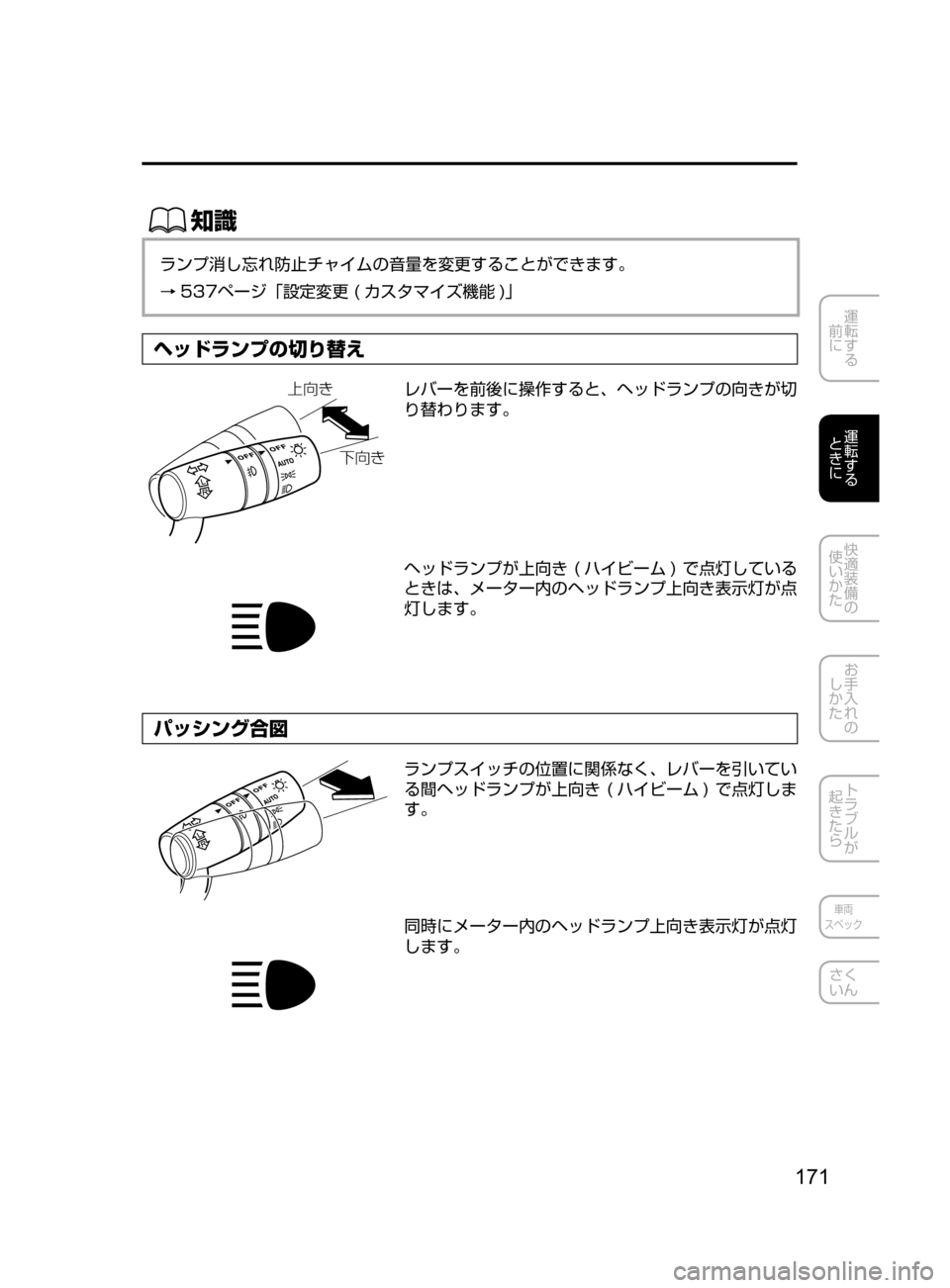 MAZDA MODEL AXELA HYBRID 2016  アクセラハイブリッド｜取扱説明書 (in Japanese) 171
運転する
﻿﻿
前に
運転する
﻿﻿
ときに
快適装備の
使いかた
お手入れの
しかた
トラブルが
起きたら
車両
スペック
さく
いん
ŒÝ
ランプ消