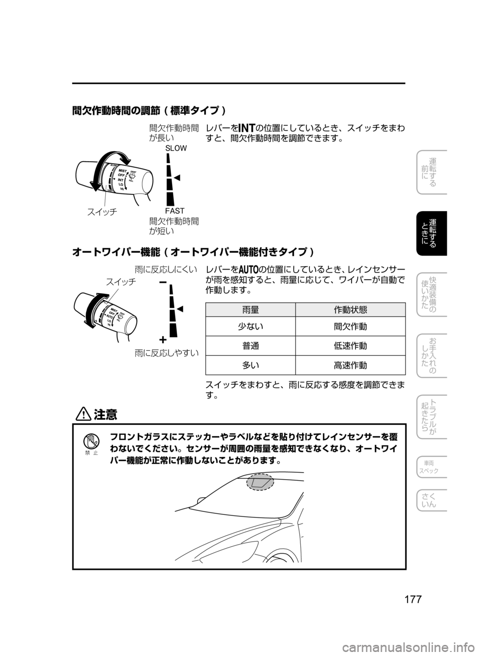 MAZDA MODEL AXELA HYBRID 2016  アクセラハイブリッド｜取扱説明書 (in Japanese) 177
運転する
﻿﻿
前に
運転する
﻿﻿
ときに
快適装備の
使いかた
お手入れの
しかた
トラブルが
起きたら
車両
スペック
さく
いん
間欠作動時間の