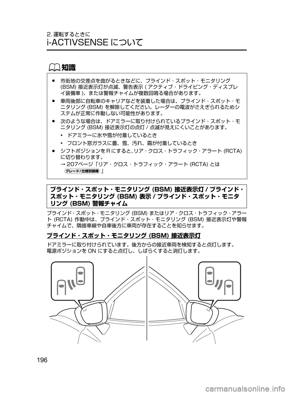 MAZDA MODEL AXELA HYBRID 2016  アクセラハイブリッド｜取扱説明書 (in Japanese) 196
2. 運転するときに
i-ACTIVSENSE について
ŒÝ
﻿﻿●市街地の交差点を曲がるときなどに､ ブラインド ･ スポット ･ モニタリング﻿﻿
(BSM)
﻿﻿ 