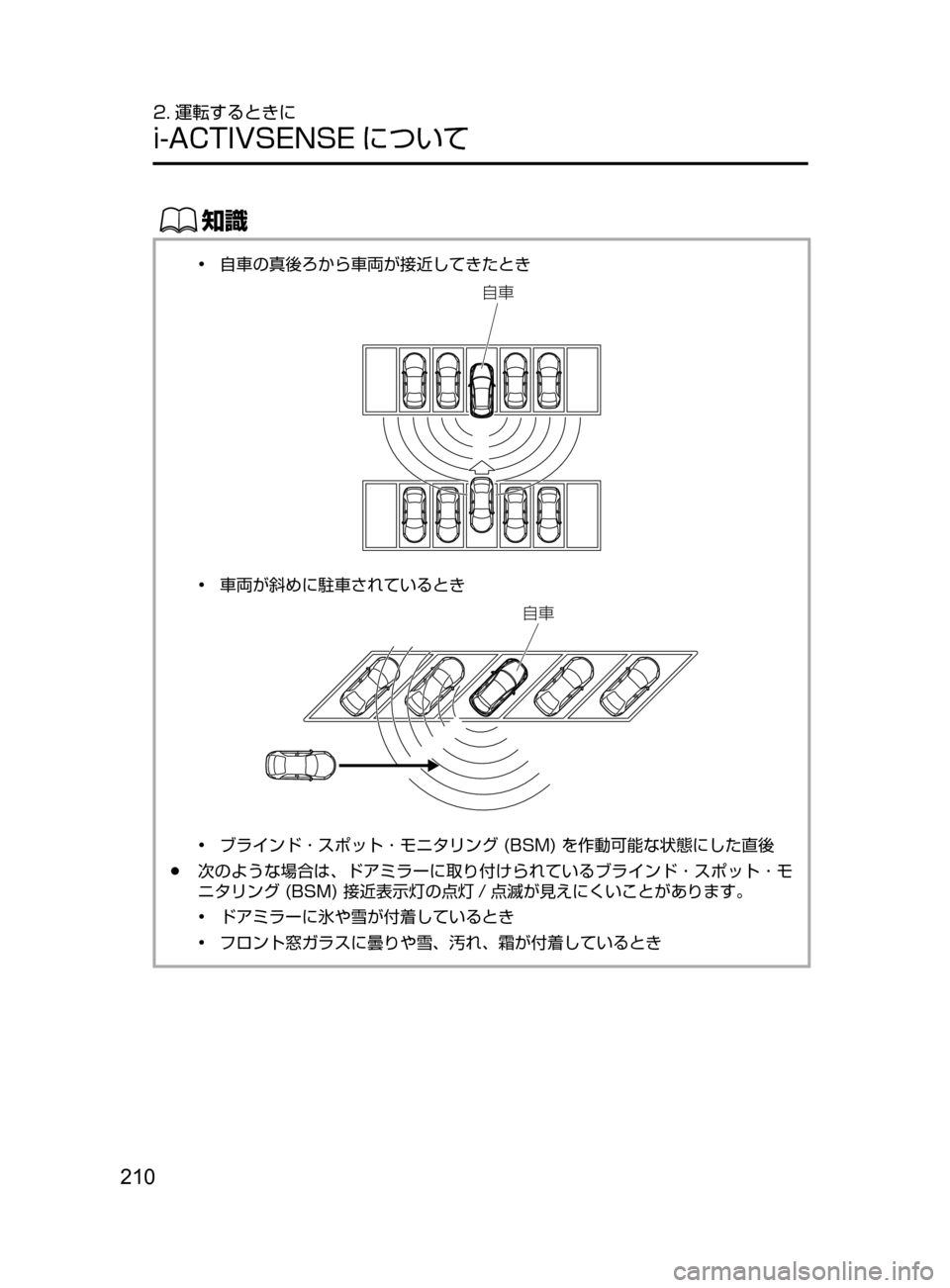 MAZDA MODEL AXELA HYBRID 2016  アクセラハイブリッド｜取扱説明書 (in Japanese) 210
2. 運転するときに
i-ACTIVSENSE について
ŒÝ
•﻿﻿自車の真後ろから車両が接近してきたとき
×	
•﻿﻿車両が斜めに駐車されているとき
×	
•