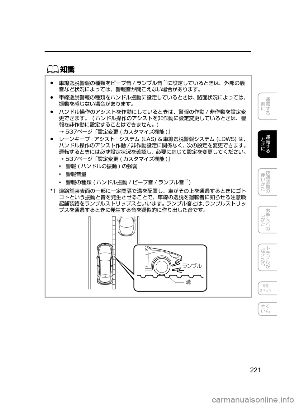 MAZDA MODEL AXELA HYBRID 2016  アクセラハイブリッド｜取扱説明書 (in Japanese) 221
運転する
﻿﻿
前に
運転する
﻿﻿
ときに
快適装備の
使いかた
お手入れの
しかた
トラブルが
起きたら
車両
スペック
さく
いん
ŒÝ
﻿﻿●車