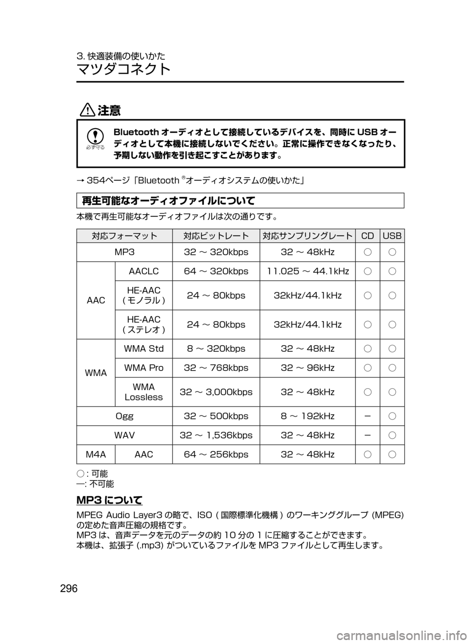 MAZDA MODEL AXELA HYBRID 2016  アクセラハイブリッド｜取扱説明書 (in Japanese) 296
3. 快適装備の使いかた
マツダコネクト
«™

žc	”
Bluetooth オーディオとして接続しているデバイスを､ 同時に USB オー
ディオとして本機に接