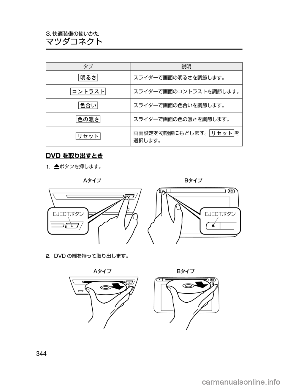 MAZDA MODEL AXELA HYBRID 2016  アクセラハイブリッド｜取扱説明書 (in Japanese) 344
3. 快適装備の使いかた
マツダコネクト
タブ説明
スライダーで画面の明るさを調節します。
スライダーで画面のコントラストを調節します。
ス