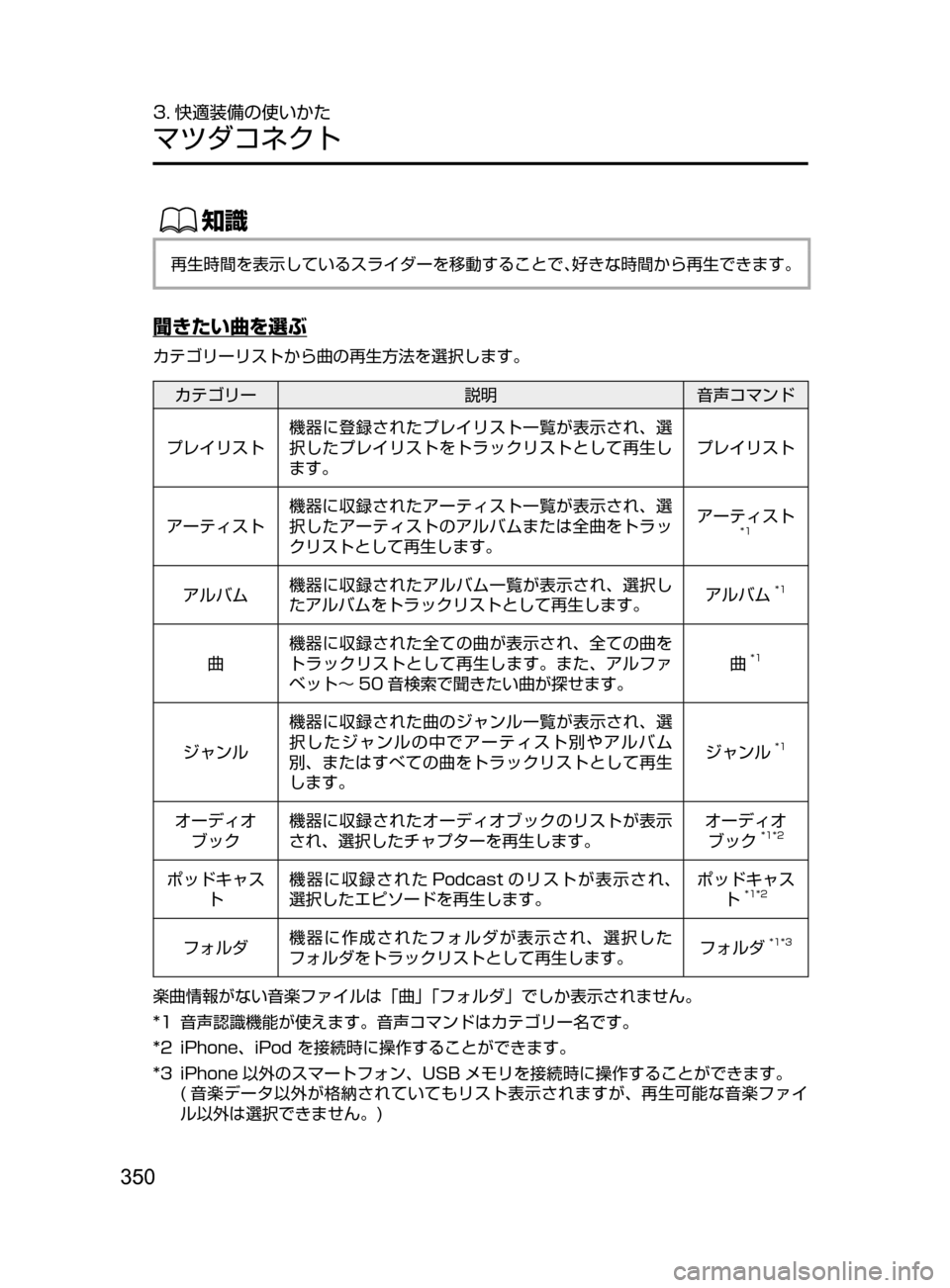 MAZDA MODEL AXELA HYBRID 2016  アクセラハイブリッド｜取扱説明書 (in Japanese) 350
3. 快適装備の使いかた
マツダコネクト
ŒÝ
再生時間を表示しているスライダーを移動することで､好きな時間から再生できます。
聞きたい曲を