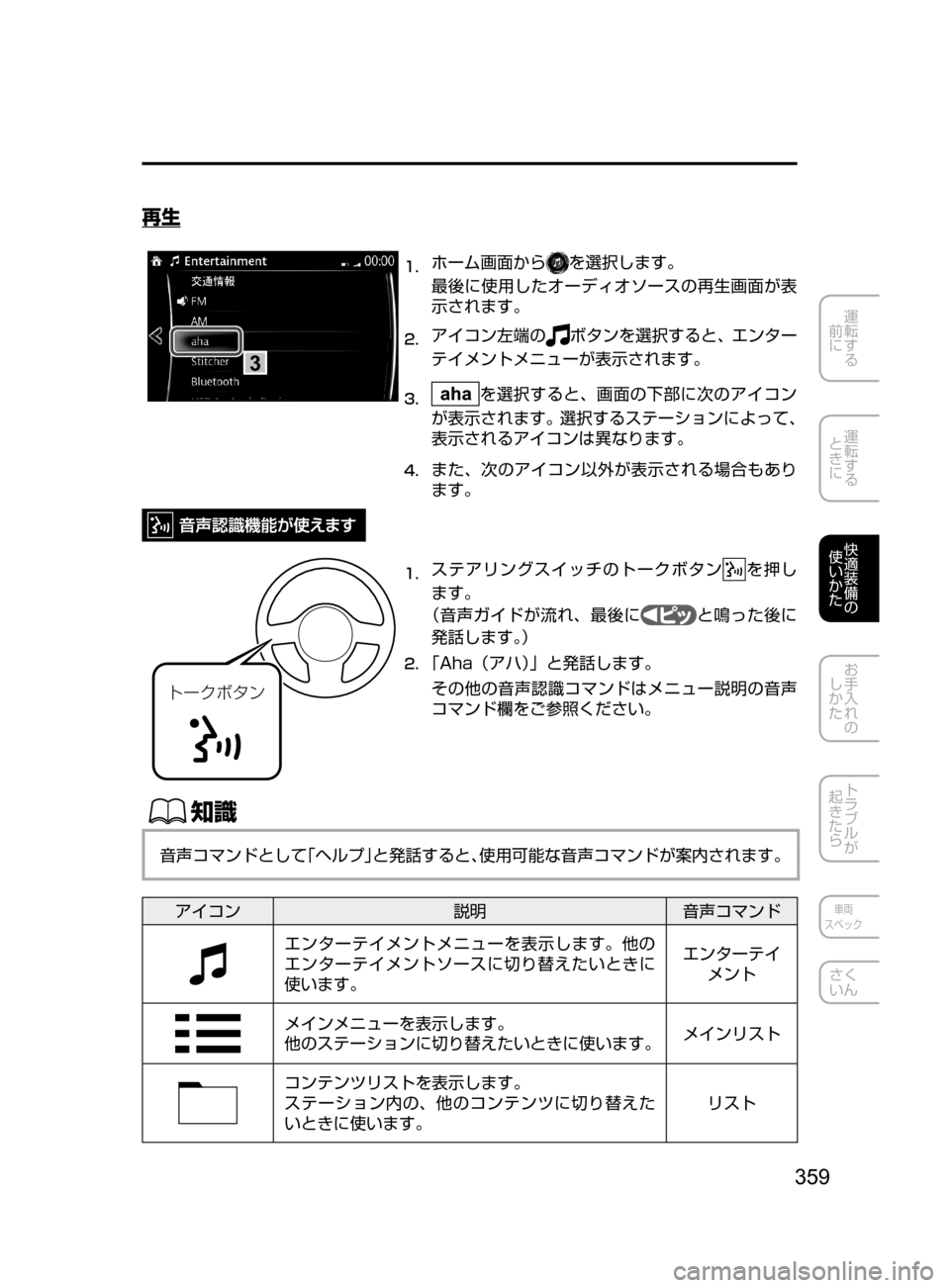 MAZDA MODEL AXELA HYBRID 2016  アクセラハイブリッド｜取扱説明書 (in Japanese) 359
運転する
﻿﻿
前に
運転する
﻿﻿
ときに
快適装備の
使いかた
お手入れの
しかた
トラブルが
起きたら
車両
スペック
さく
いん
再生
3
1.	ホーム