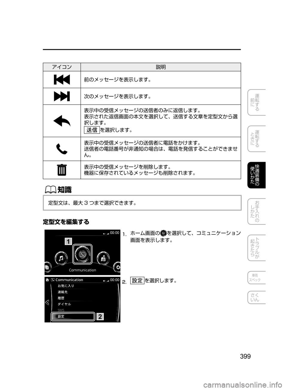MAZDA MODEL AXELA HYBRID 2016  アクセラハイブリッド｜取扱説明書 (in Japanese) 399
運転する
﻿﻿
前に
運転する
﻿﻿
ときに
快適装備の
使いかた
お手入れの
しかた
トラブルが
起きたら
車両
スペック
さく
いん
アイコン 説明
