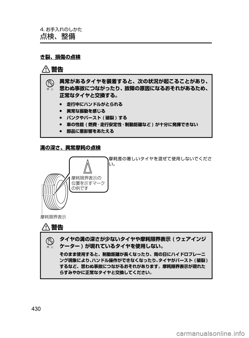 MAZDA MODEL AXELA HYBRID 2016  アクセラハイブリッド｜取扱説明書 (in Japanese) 430
4. お手入れのしかた
点検､ 整備
き裂､ 損傷の点検
/
Ð��­
異常があるタイヤを装着すると､ 次の状況が起こることがあり､
思わぬ事故に
