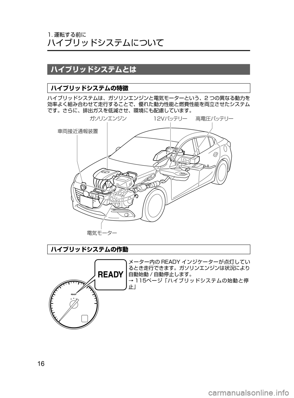 MAZDA MODEL AXELA HYBRID 2016  アクセラハイブリッド｜取扱説明書 (in Japanese) 16
1. 運転する前に
ハイブリッドシステムについて
ハイブリッドシステムとは
ハイブリッドシステムの特徴
ハイブリッドシステムは､ ガソリンエン