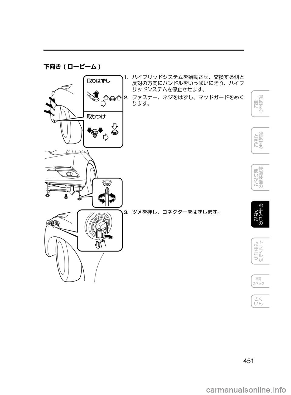 MAZDA MODEL AXELA HYBRID 2016  アクセラハイブリッド｜取扱説明書 (in Japanese) 451
運転する
﻿﻿
前に
運転する
﻿﻿
ときに
快適装備の
使いかた
お手入れの
しかた
トラブルが
起きたら
車両
スペック
さく
いん
下向き ( ロー