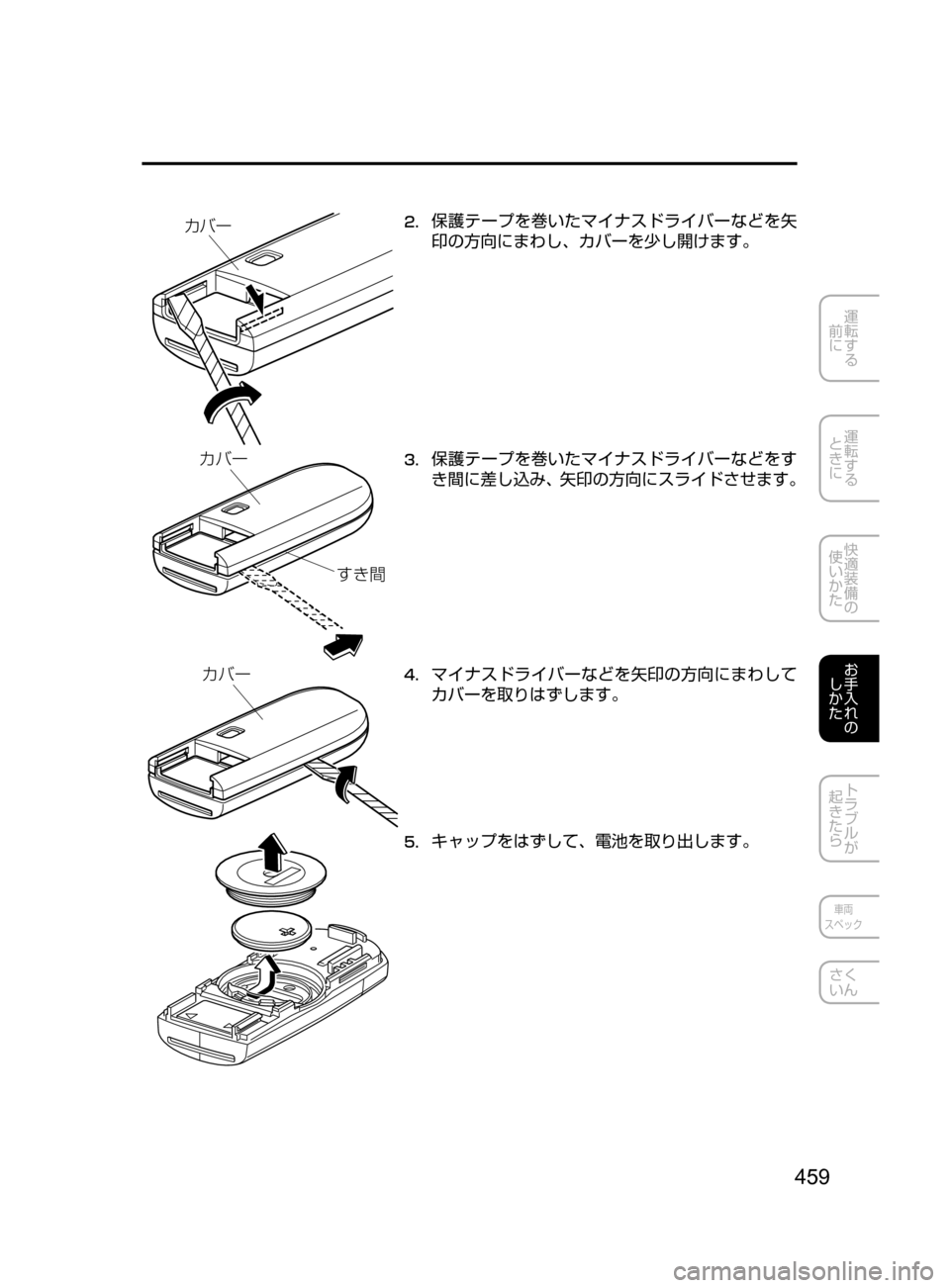 MAZDA MODEL AXELA HYBRID 2016  アクセラハイブリッド｜取扱説明書 (in Japanese) 459
運転する
﻿﻿
前に
運転する
﻿﻿
ときに
快適装備の
使いかた
お手入れの
しかた
トラブルが
起きたら
車両
スペック
さく
いん
カバ ー2.	保護