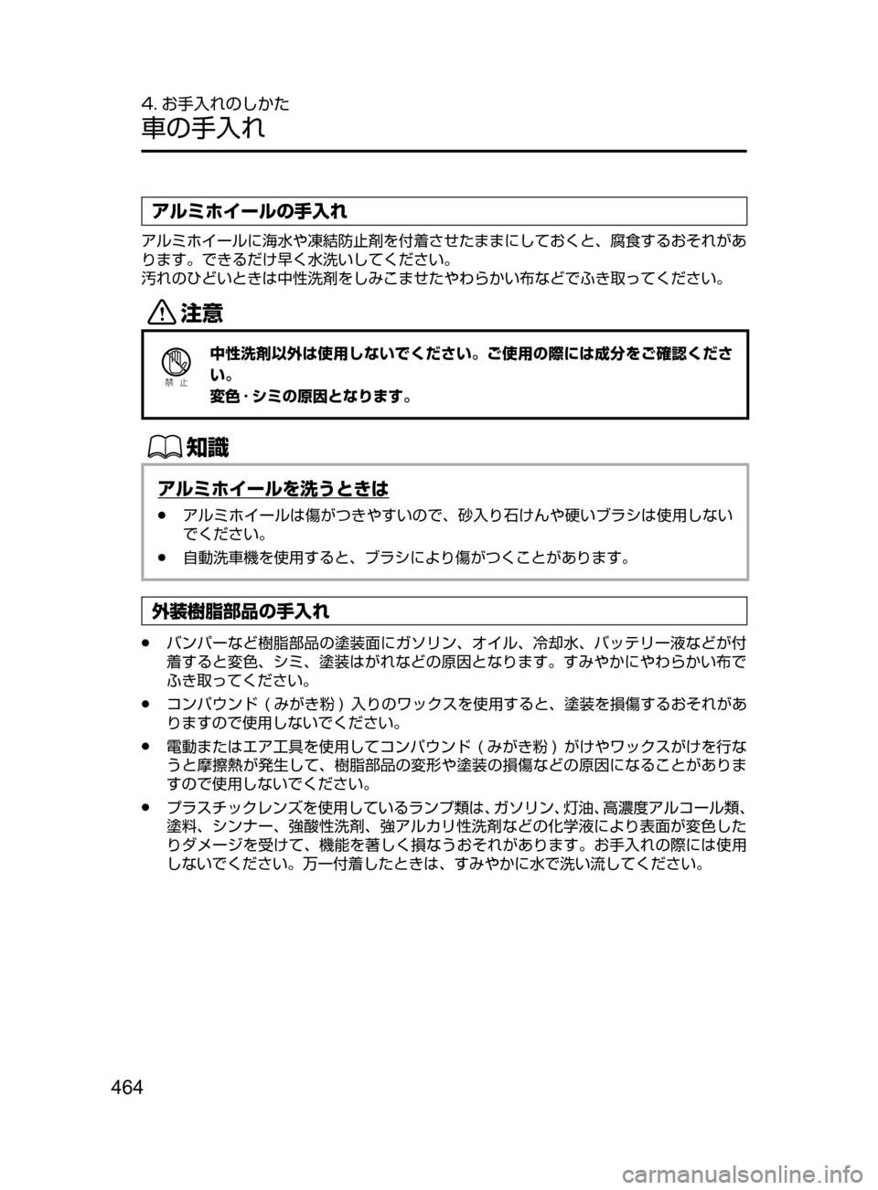 MAZDA MODEL AXELA HYBRID 2016  アクセラハイブリッド｜取扱説明書 (in Japanese) 464
4. お手入れのしかた
車の手入れ
アルミホイールの手入れ
アルミホイールに海水や凍結防止剤を付着させたままにしておくと､ 腐食するおそれが