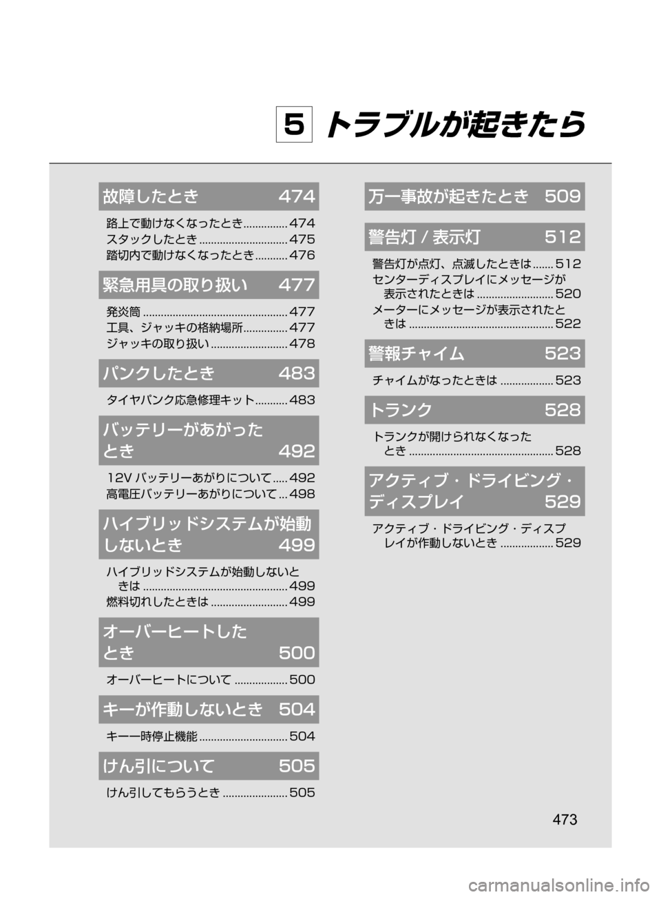 MAZDA MODEL AXELA HYBRID 2016  アクセラハイブリッド｜取扱説明書 (in Japanese) 473
5 トラブルが起きたら
故障したとき	 474
路上で動けなくなったとき﻿﻿............... 474
スタックしたとき ﻿﻿
.............................. 475
踏切内