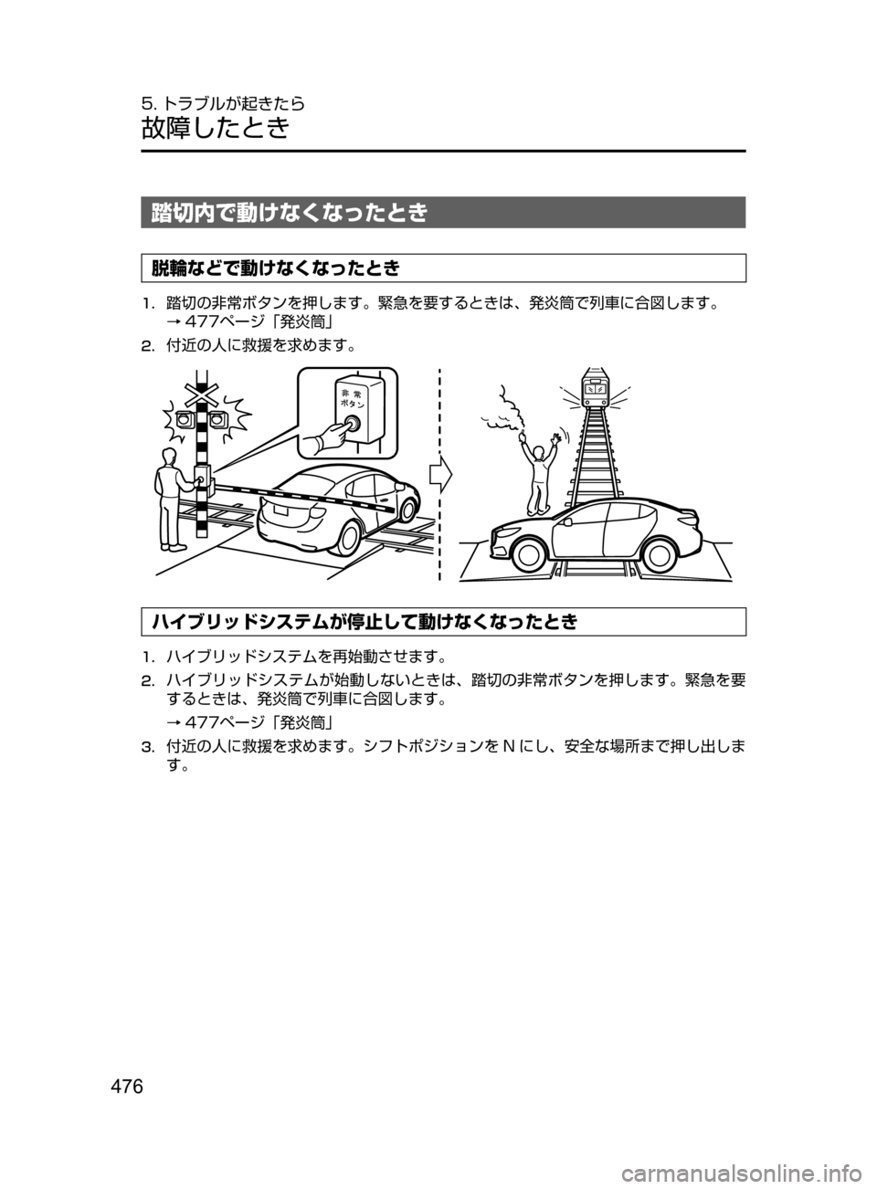 MAZDA MODEL AXELA HYBRID 2016  アクセラハイブリッド｜取扱説明書 (in Japanese) 476
5. トラブルが起きたら
故障したとき
踏切内で動けなくなったとき
脱輪などで動けなくなったとき
1.	踏切の非常ボタンを押します。緊急を要する