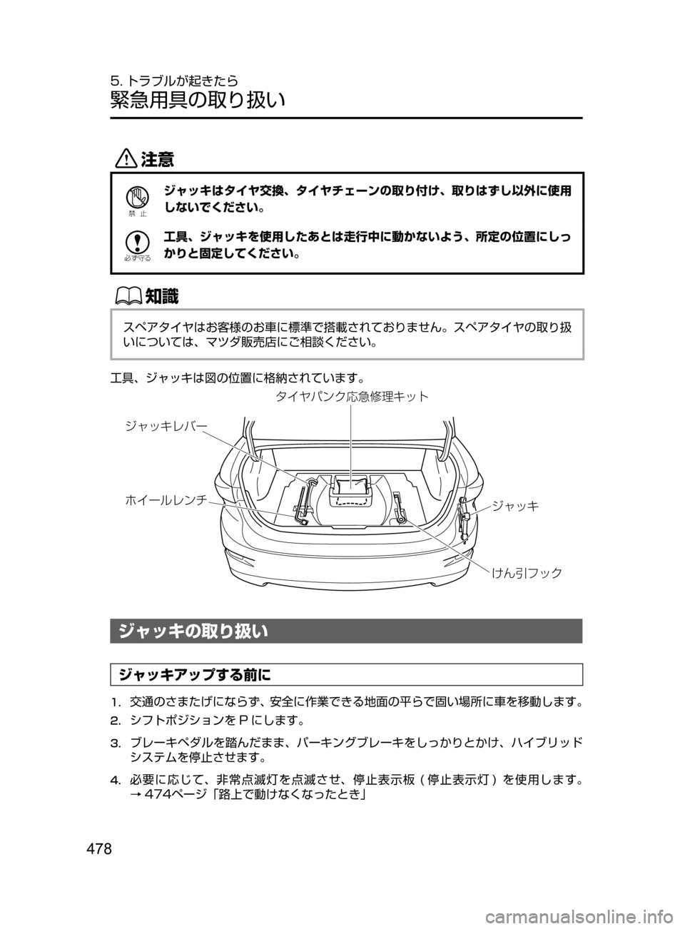 MAZDA MODEL AXELA HYBRID 2016  アクセラハイブリッド｜取扱説明書 (in Japanese) 478
5. トラブルが起きたら
緊急用具の取り扱い
«™
Ð��­
ジャッキはタイヤ交換､ タイヤチェーンの取り付け､ 取りはずし以外に使用
しないで