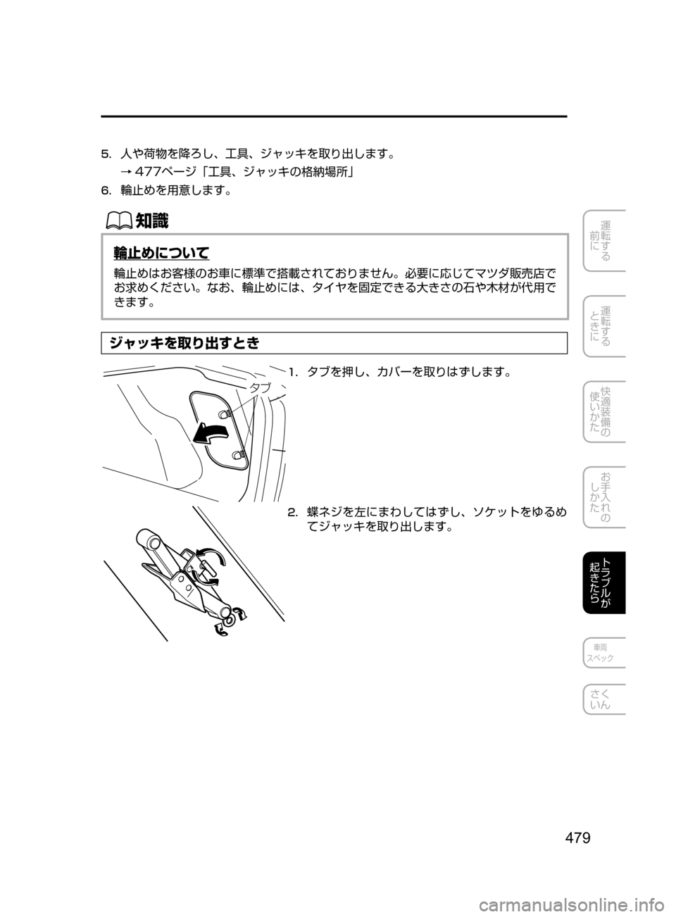 MAZDA MODEL AXELA HYBRID 2016  アクセラハイブリッド｜取扱説明書 (in Japanese) 479
運転する
﻿﻿
前に
運転する
﻿﻿
ときに
快適装備の
使いかた
お手入れの
しかた
トラブルが
起きたら
車両
スペック
さく
いん
5.	
人や荷物を