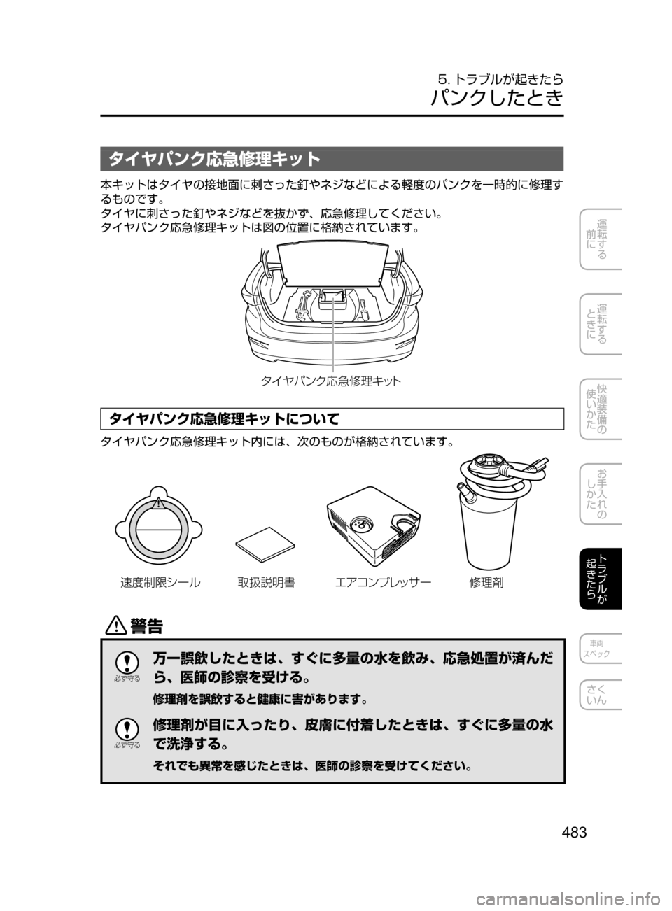MAZDA MODEL AXELA HYBRID 2016  アクセラハイブリッド｜取扱説明書 (in Japanese) 483
運転する
﻿﻿
前に
運転する
﻿﻿
ときに
快適装備の
使いかた
お手入れの
しかた
トラブルが
起きたら
車両
スペック
さく
いん
5. トラブルが起