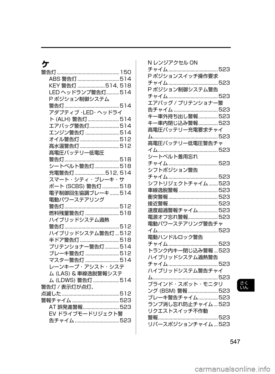 MAZDA MODEL AXELA HYBRID 2016 アクセラハイブリッド|取扱説明書 (in Japanese) 547
さく
いん
ケ
警告灯................................................ 150
ABS 警告灯
................................ 514
KEY
警告灯
..................... 514,
MAZDA MODEL AXELA HYBRID 2016 アクセラハイブリッド|取扱説明書 (in Japanese) 547
さく
いん
ケ
警告灯................................................ 150
ABS 警告灯
................................ 514
KEY
警告灯
..................... 514,