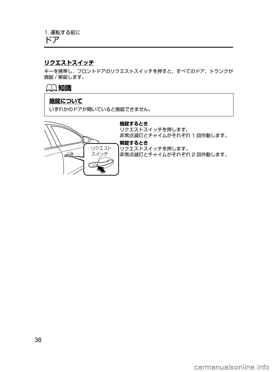 MAZDA MODEL AXELA HYBRID 2016  アクセラハイブリッド｜取扱説明書 (in Japanese) 38
1. 運転する前に
ドア
リクエストスイッチ
キーを携帯し､ フロントドアのリクエストスイッチを押すと､ すべてのドア､ トランクが
施錠 / 解錠