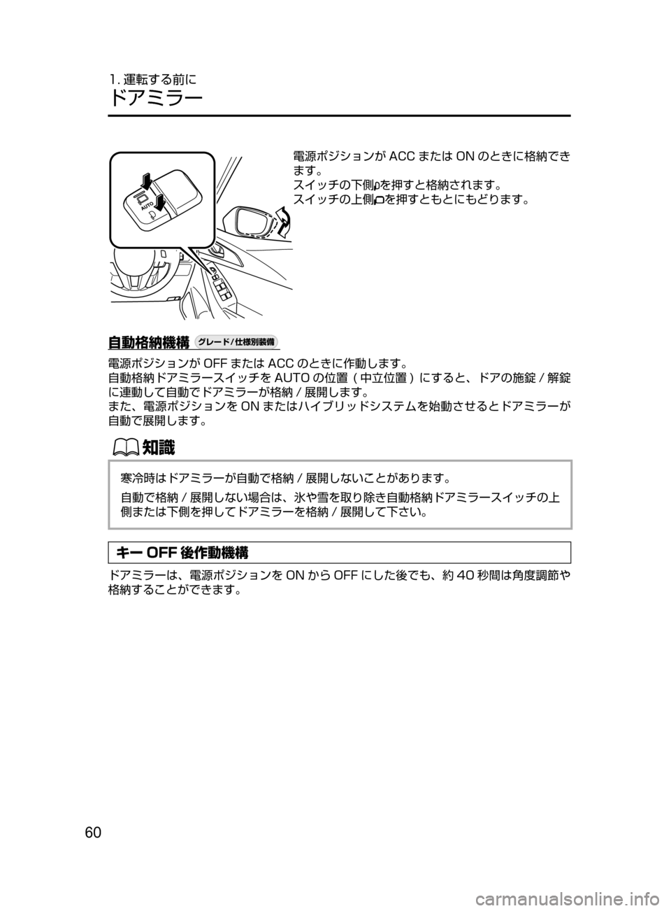 MAZDA MODEL AXELA HYBRID 2016  アクセラハイブリッド｜取扱説明書 (in Japanese) 60
1. 運転する前に
ドアミラー
電源ポジションが ACC または ON のときに格納でき
ます。
スイッチの下側
を押すと格納されます。
スイッチの上側
を