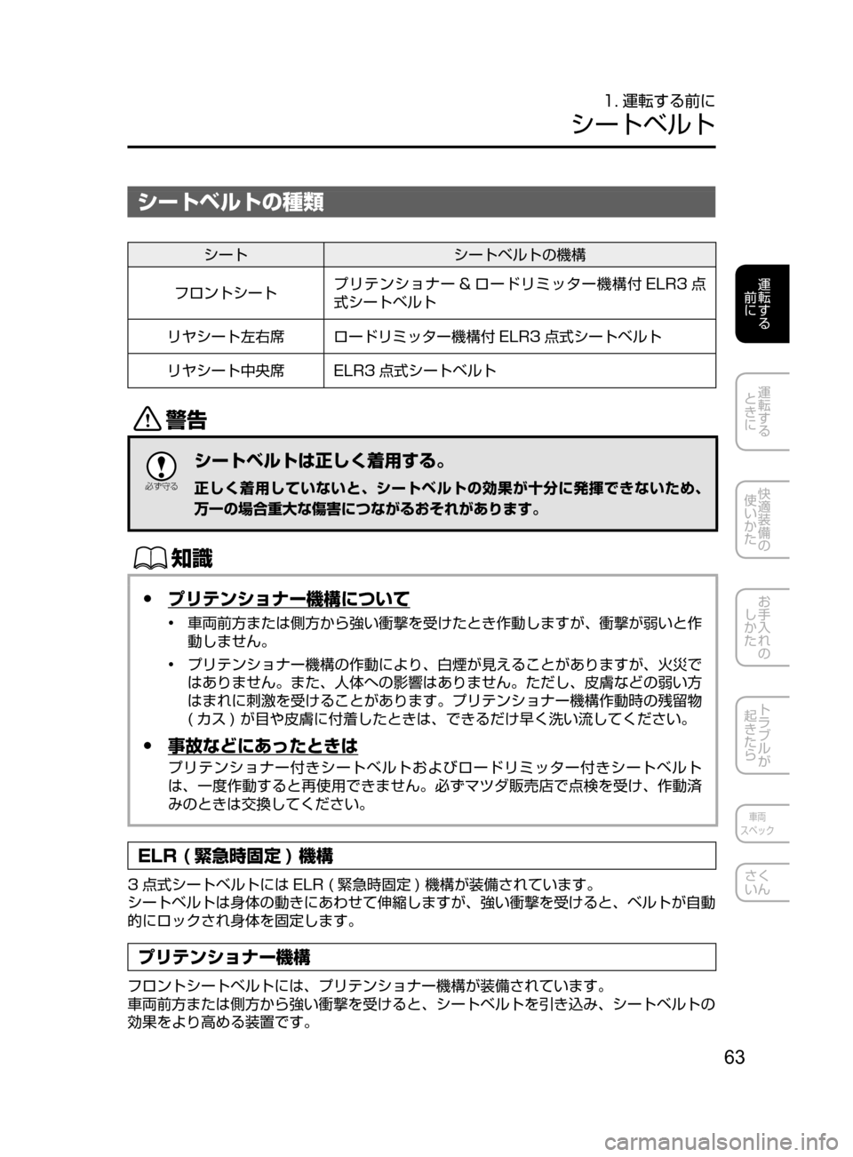 MAZDA MODEL AXELA HYBRID 2016  アクセラハイブリッド｜取扱説明書 (in Japanese) 63
運転する
﻿﻿
前に
運転する
﻿﻿
ときに
快適装備の
使いかた
お手入れの
しかた
トラブルが
起きたら
車両
スペック
さく
いん
1. 運転する前に
