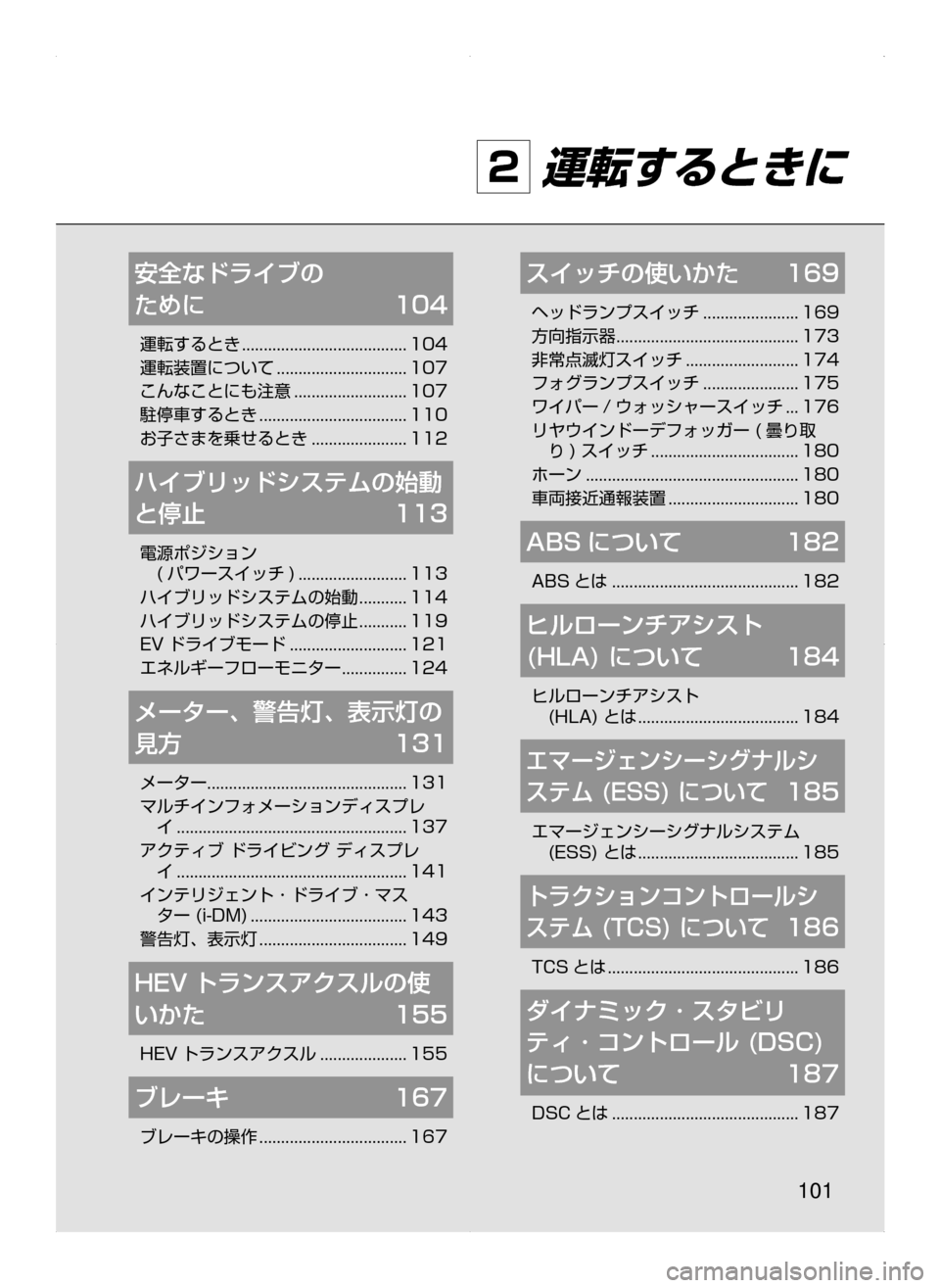 MAZDA MODEL AXELA HYBRID 2015  アクセラハイブリッド｜取扱説明書 (in Japanese)  101
2 運転するときに
安全なドライブの	
ために	 104
運転するとき﻿﻿......................................104
運転装置について
﻿﻿..............................10