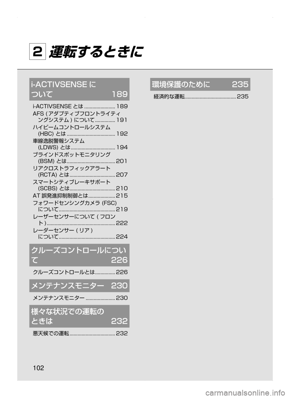 MAZDA MODEL AXELA HYBRID 2015  アクセラハイブリッド｜取扱説明書 (in Japanese)  102
2 運転するときに
i-ACTIVSENSE に	
ついて	 189
i-ACTIVSENSE とは﻿﻿.......................189
AFS﻿﻿( アダプティブフロントライティ
ングシステム )﻿﻿に