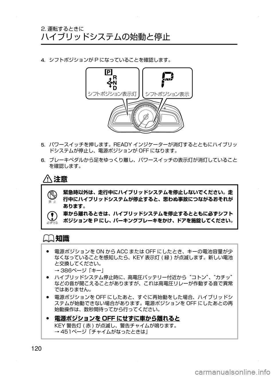 MAZDA MODEL AXELA HYBRID 2015  アクセラハイブリッド｜取扱説明書 (in Japanese)  120
2. 運転するときに
ハイブリッドシステムの始動と停止
4.	シフトポジションが P になっていることを確認します。
³ÑÄÙ ´³ãï 
¯Ôn
³Ñ