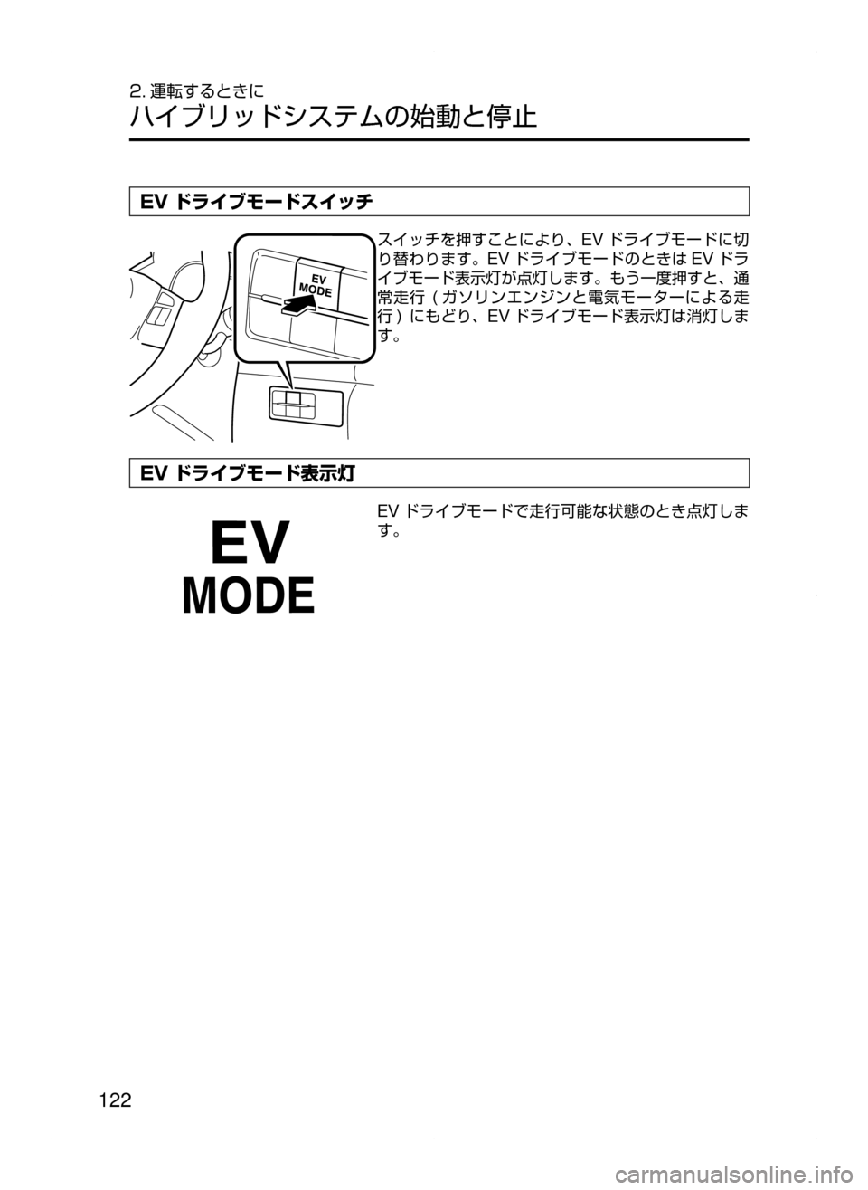 MAZDA MODEL AXELA HYBRID 2015  アクセラハイブリッド｜取扱説明書 (in Japanese)  122
2. 運転するときに
ハイブリッドシステムの始動と停止
EV ドライブモードスイッチ
スイッチを押すことにより､ EV ドライブモードに切
り替わり