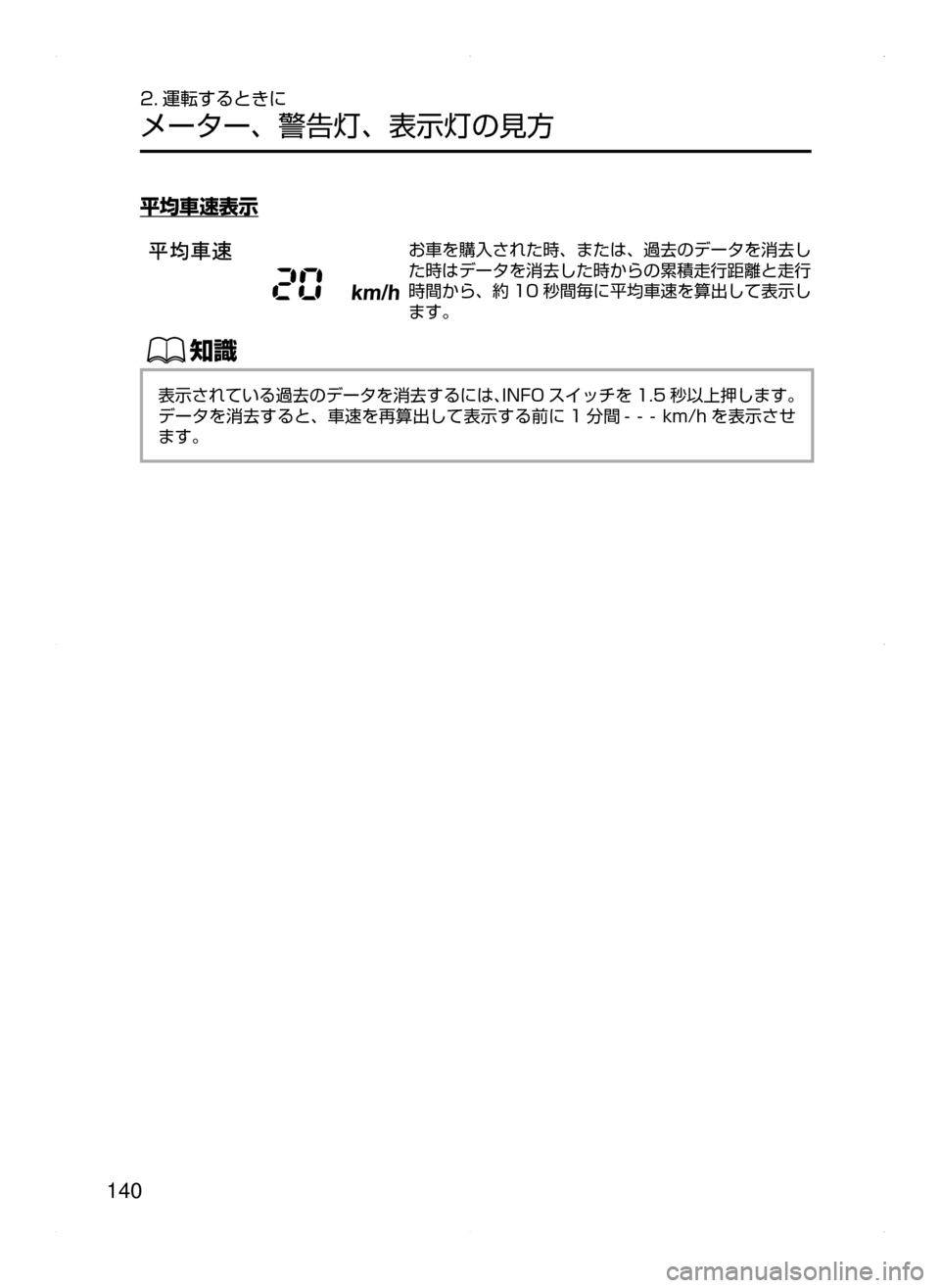 MAZDA MODEL AXELA HYBRID 2015  アクセラハイブリッド｜取扱説明書 (in Japanese)  140
2. 運転するときに
メーター､ 警告灯､ 表示灯の見方
平均車速表示
お車を購入された時､ または､ 過去のデータを消去し
た時はデータを消去