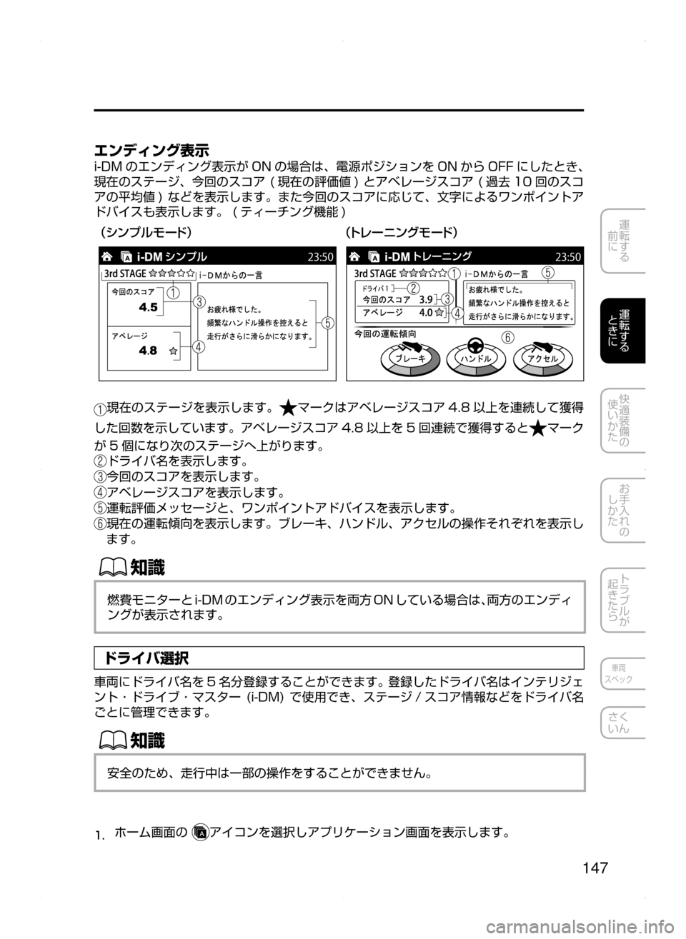 MAZDA MODEL AXELA HYBRID 2015  アクセラハイブリッド｜取扱説明書 (in Japanese)  147
運転する
﻿﻿
前に
運転する
﻿﻿
ときに
快適装備の
使いかた
お手入れの
しかた
トラブルが
起きたら
車両
スペック
さく
いん
エンディング表