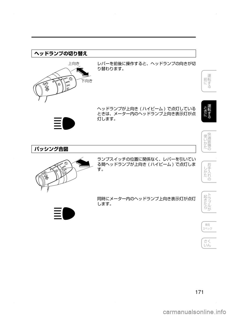 MAZDA MODEL AXELA HYBRID 2015  アクセラハイブリッド｜取扱説明書 (in Japanese)  171
運転する
﻿﻿
前に
運転する
﻿﻿
ときに
快適装備の
使いかた
お手入れの
しかた
トラブルが
起きたら
車両
スペック
さく
いん
ヘッドランプの
