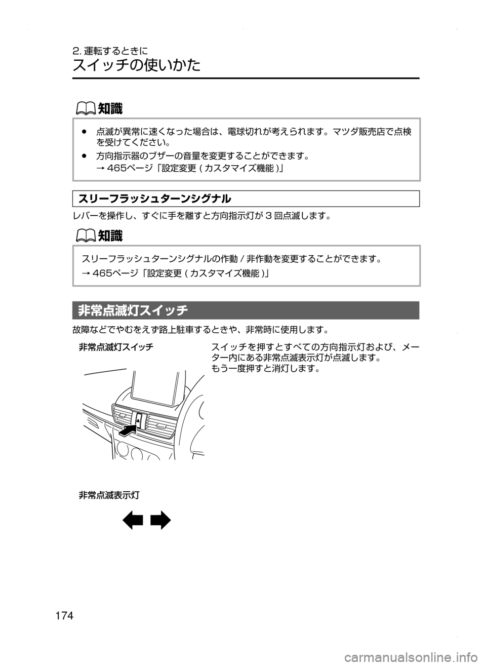 MAZDA MODEL AXELA HYBRID 2015  アクセラハイブリッド｜取扱説明書 (in Japanese)  174
2. 運転するときに
スイッチの使いかた
ŒÝ
﻿﻿●点滅が異常に速くなった場合は､ 電球切れが考えられます。マツダ販売店で点検
を受けてく