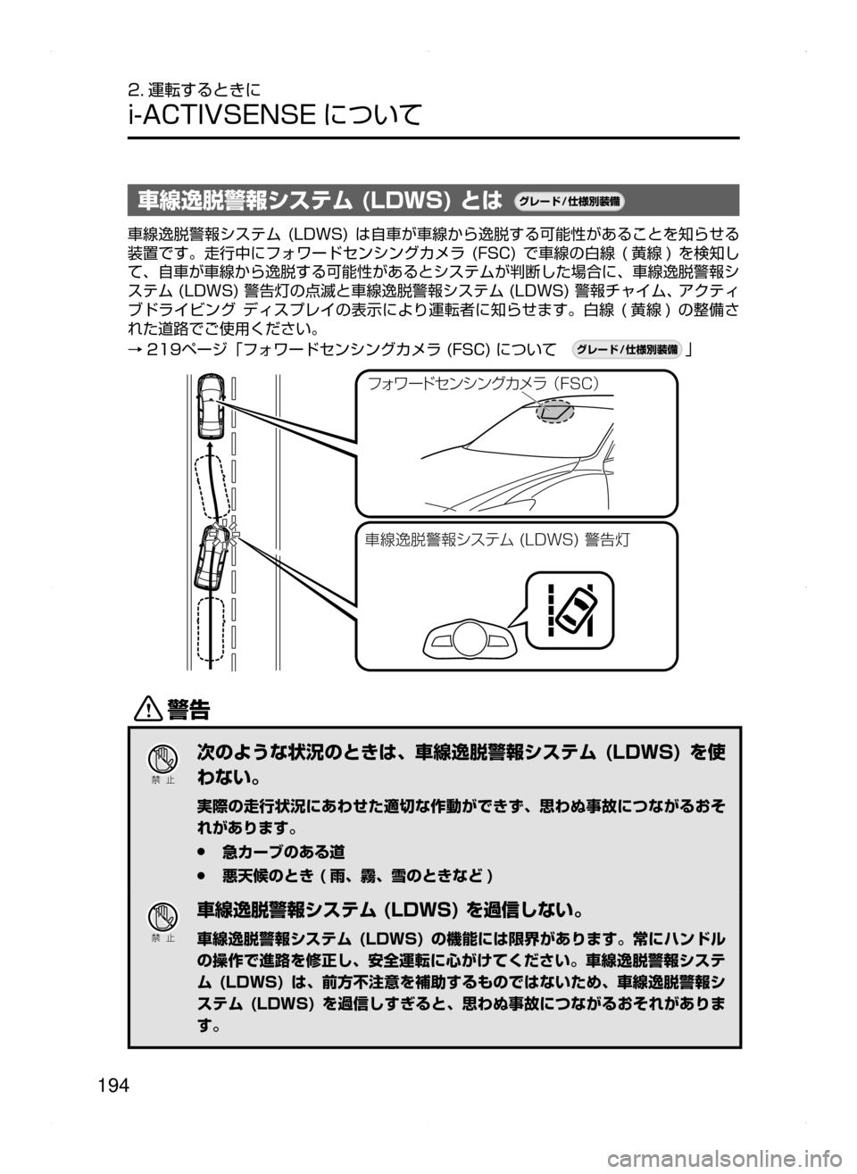 MAZDA MODEL AXELA HYBRID 2015  アクセラハイブリッド｜取扱説明書 (in Japanese)  194
2. 運転するときに
i-ACTIVSENSE について
車線逸脱警報システム (LDWS) とは¬è”Å�“7
÷
‹����
車線逸脱警報システム﻿﻿(LDWS)﻿﻿は自車