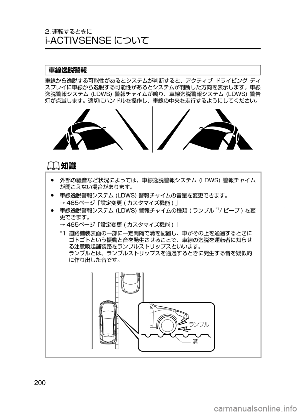 MAZDA MODEL AXELA HYBRID 2015  アクセラハイブリッド｜取扱説明書 (in Japanese)  200
2. 運転するときに
i-ACTIVSENSE について
車線逸脱警報
車線から逸脱する可能性があるとシステムが判断すると､ アクティブ﻿﻿ドライビング﻿﻿