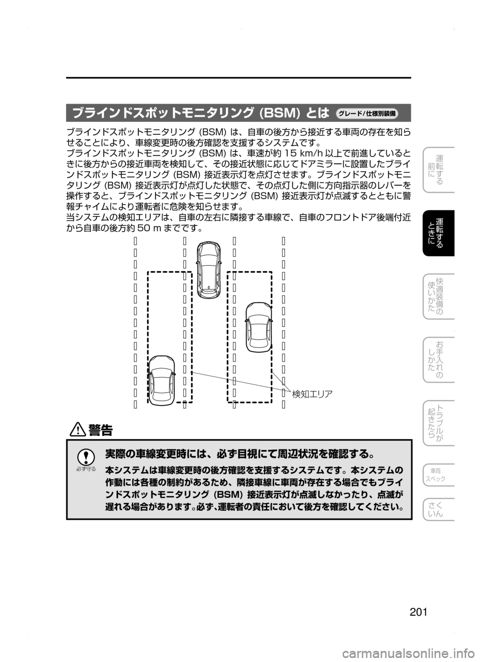 MAZDA MODEL AXELA HYBRID 2015  アクセラハイブリッド｜取扱説明書 (in Japanese)  201
運転する
﻿﻿
前に
運転する
﻿﻿
ときに
快適装備の
使いかた
お手入れの
しかた
トラブルが
起きたら
車両
スペック
さく
いん
ブラインドスポ